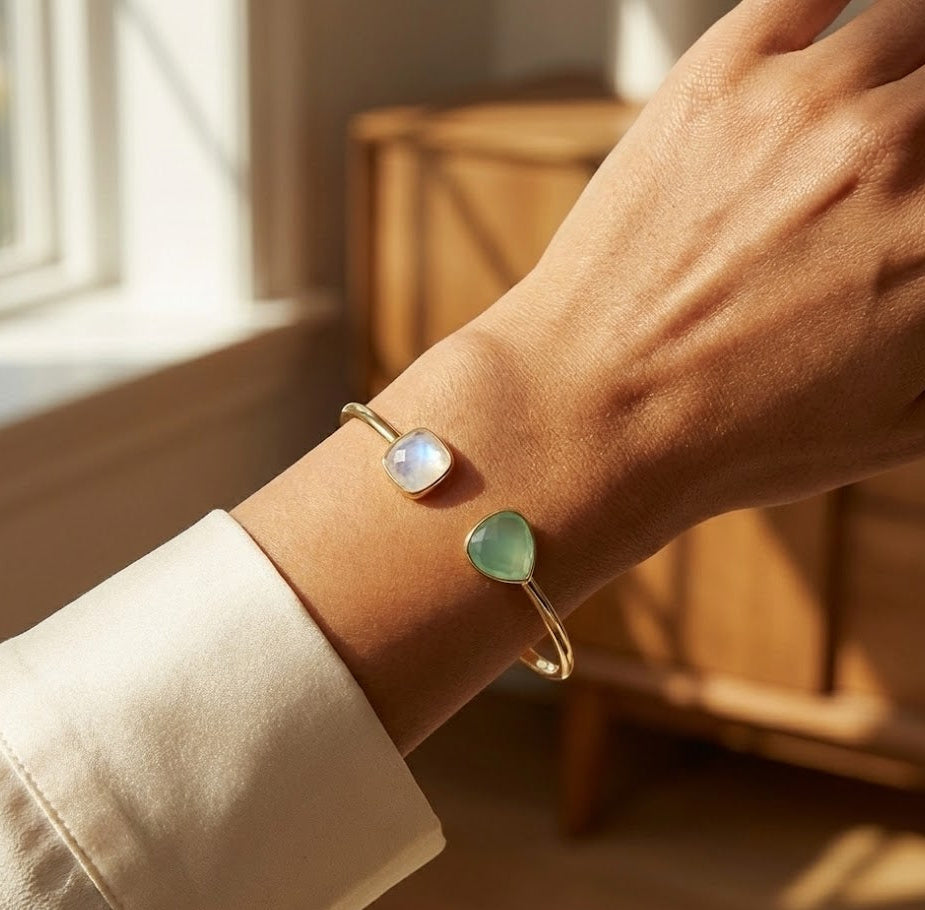 Rainbow Moonstone Green Chalcedony Split Cuff 14K Gold Plated 925 Silver 3mm