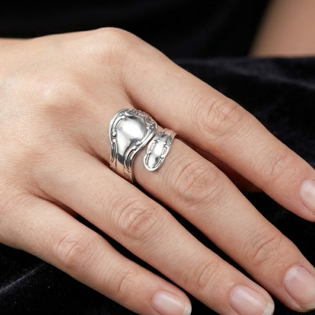Vintage Oxidized Spoon Ring | Adjustable 925 Sterling Silver Floral Pattern Ring