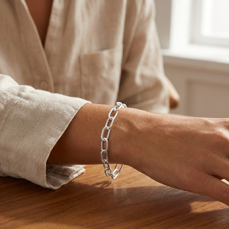 Smooth Textured Paperclip Chain Bracelet 925 Sterling Silver Lobster Clasp 8in