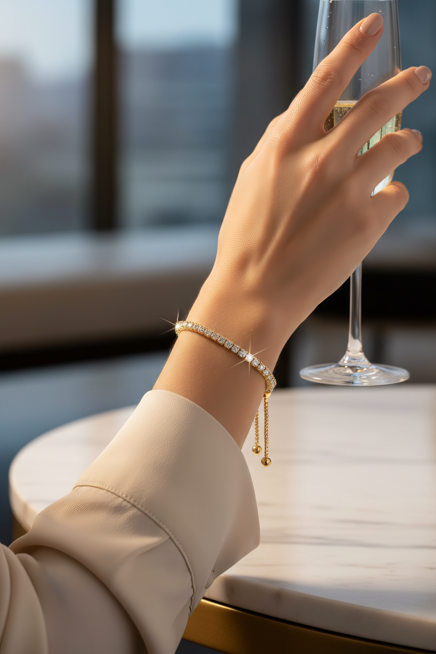 Adjustable 14K Gold Plated Sterling Silver CZ Bracelet, Box Chain Style, 9 Inch Length with Stopper Bead, 3mm Cubic Zirconia