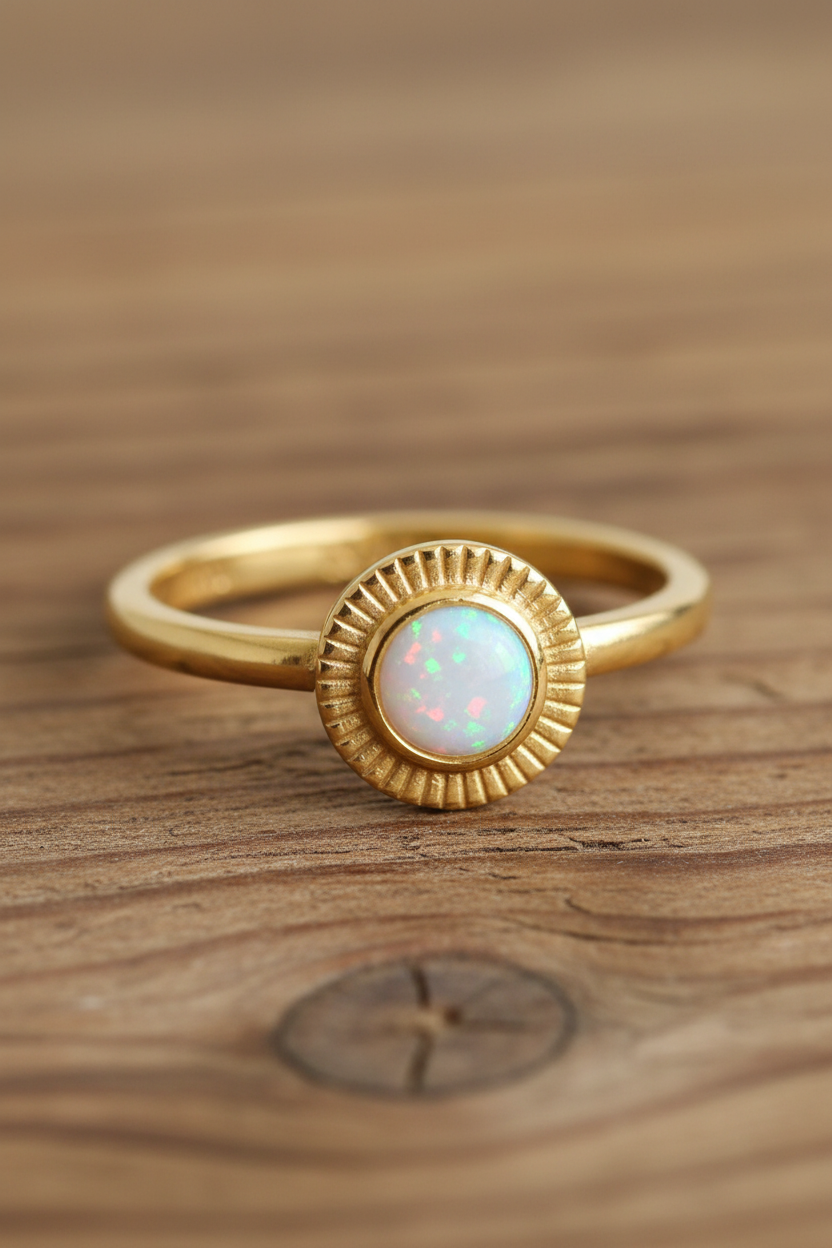 White Opal Fluted Border Gold Ring Wood Background