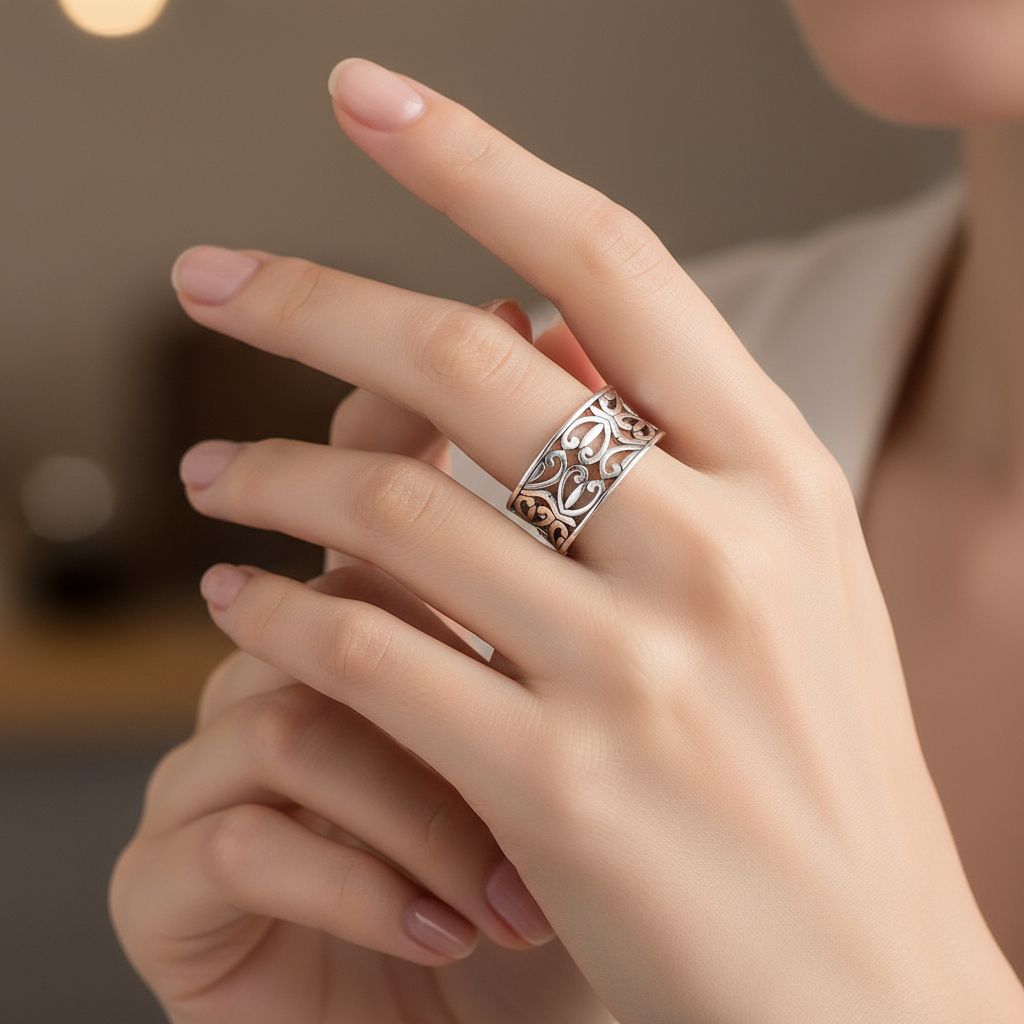 Wide Band Filigree Openwork Silver Ring Elegant Female Model Hand Lifestyle 1x1
