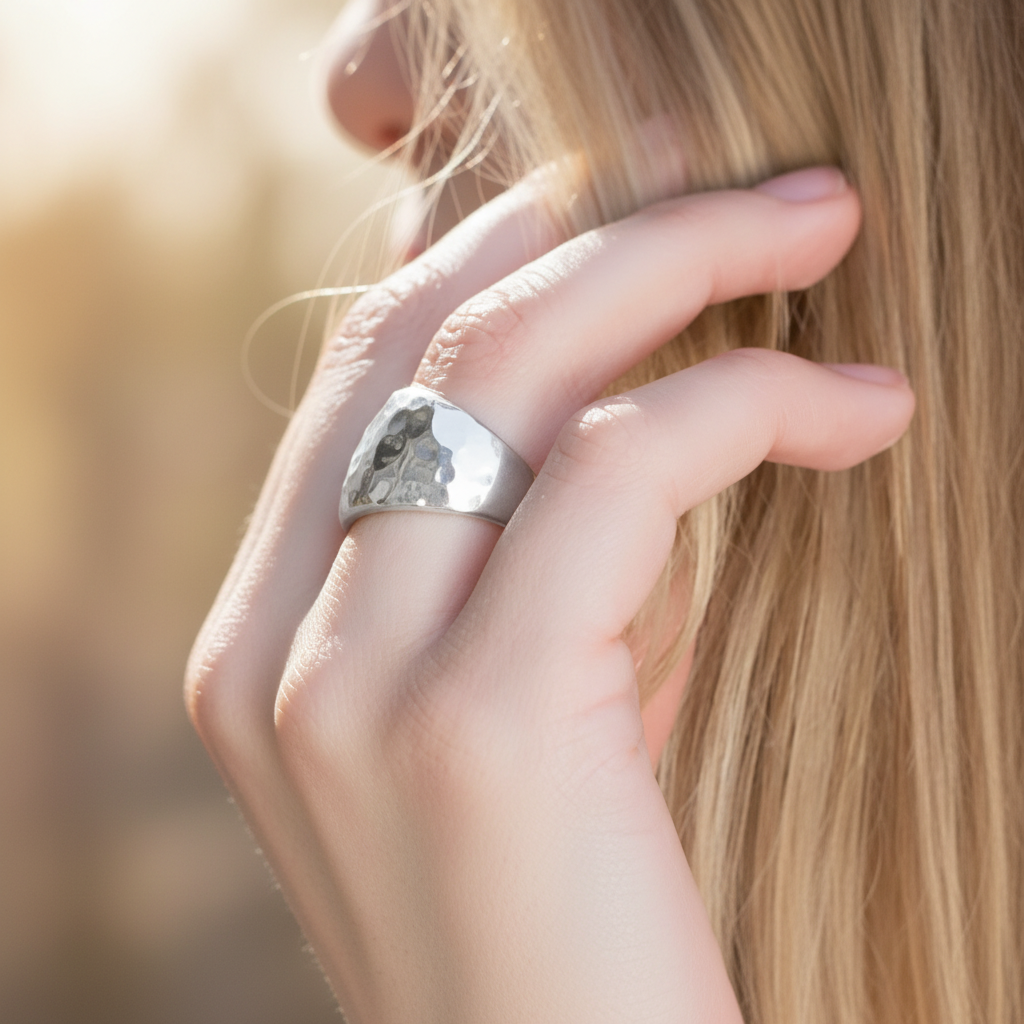 Wide Dome Hammered Bold Statement Ring Sterling Silver Elegant Model Blonde Hair Golden Hour Fashion Editorial Sharp Clear 1x1
