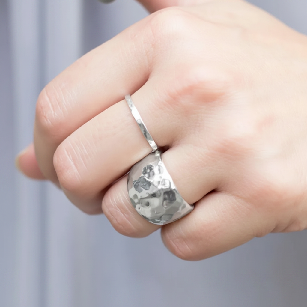 Wide Hammered Band Silver Ring Real Hand Grey Background Clear Sharp 1x1