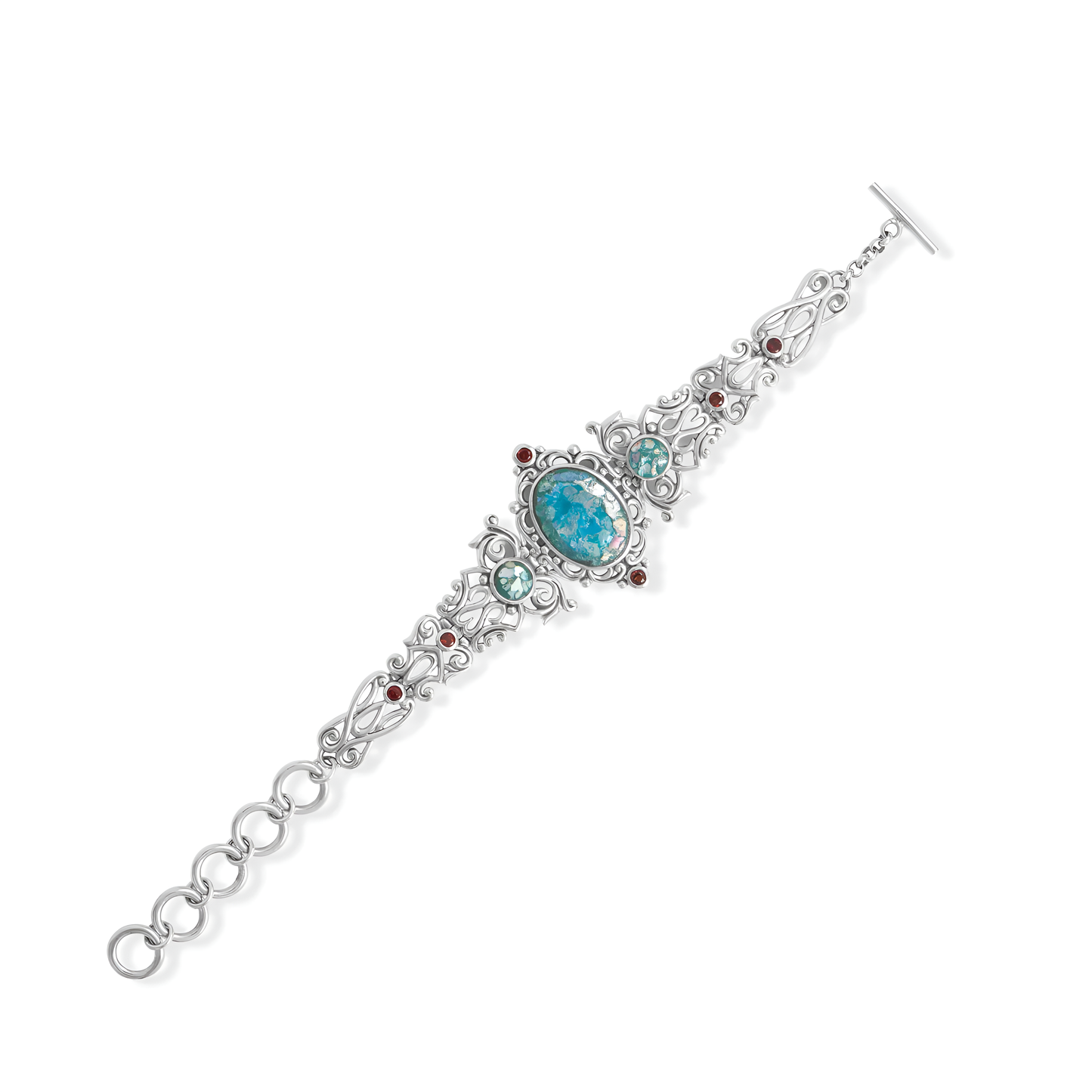 Roman Glass Garnet Toggle Bracelet Oxidized 925 Sterling Silver 14x20mm 6in-8in
