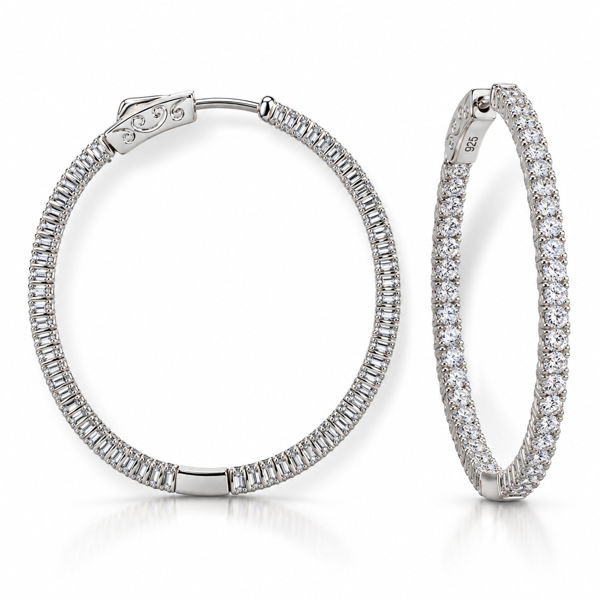 CZ Inside-Outside Oval Hoop Earrings Rhodium Plated 925 Sterling Silver 43mm