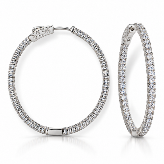 CZ Inside-Outside Oval Hoop Earrings Rhodium Plated 925 Sterling Silver 43mm
