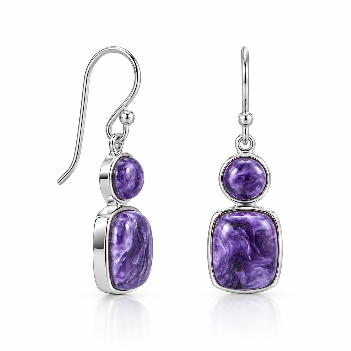 Dual Shape Charoite Drop Earrings 925 Sterling Silver French Wire 33.6mm
