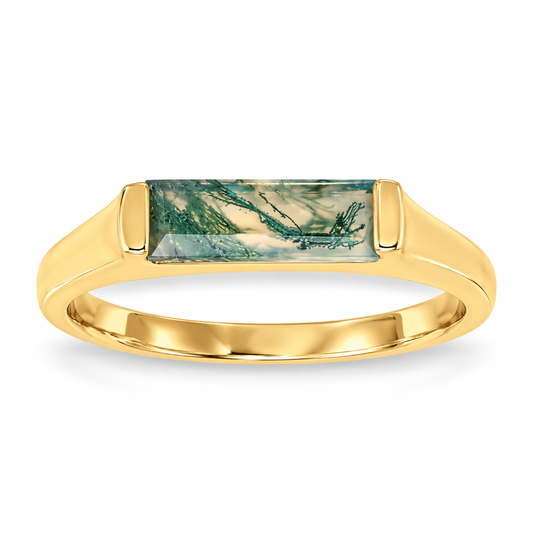 Moss Agate Bar Ring 14K Gold Plated 925 Silver 10x3mm Baguette Sizes 6-9
