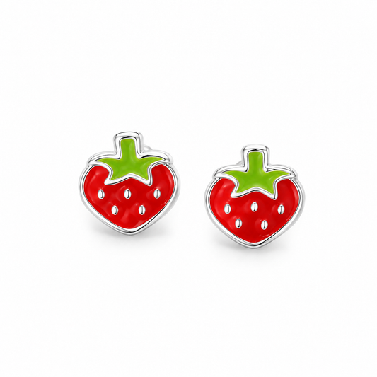 Red Green Enamel Strawberry Stud Earrings 925 Sterling Silver 6mm