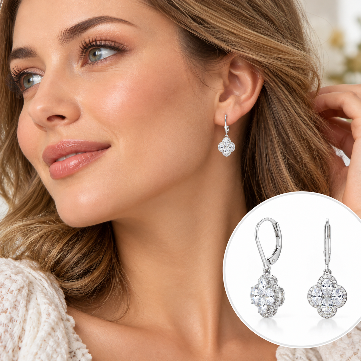 Four Oval CZ Halo Clover Drop Earrings Rhodium Plated 925 Sterling Silver 30.5mm