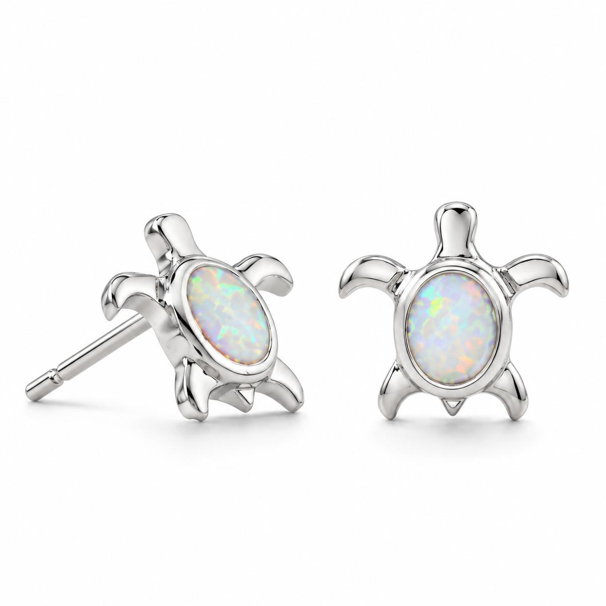 Synthetic White Opal Sea Turtle Stud Earrings Rhodium Plated 925 Sterling Silver