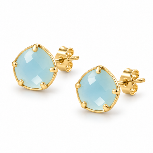 Aqua Chalcedony Pear Stud Earrings 14K Gold Plated 925 Sterling Silver 8mm