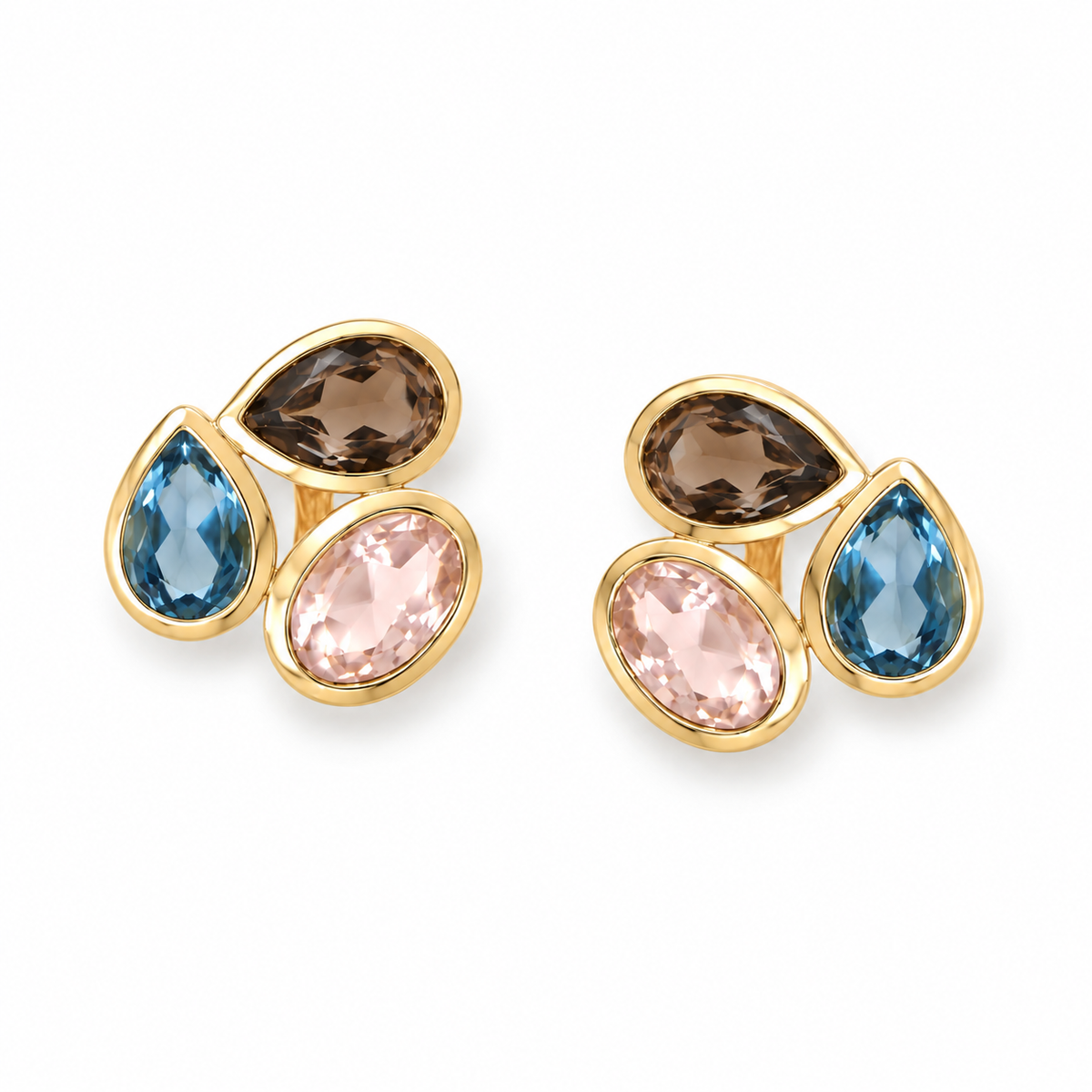 Smoky Quartz Blue Pink Glass Cluster Stud Earrings 14K Gold Plated 925 Silver
