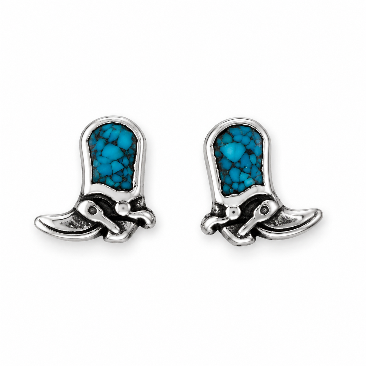 Oxidized Turquoise Chip Inlay Cowgirl Boot Stud Earrings 925 Silver 7.5mm