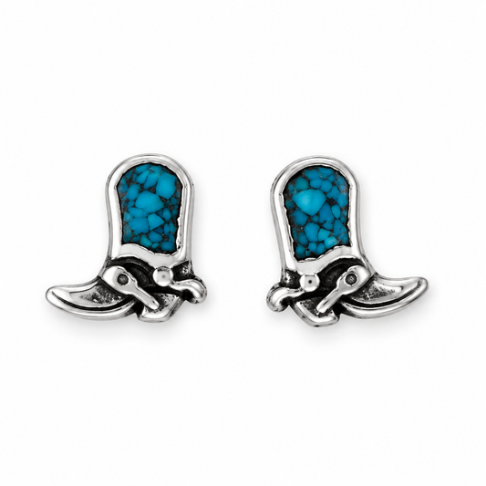 Oxidized Turquoise Chip Inlay Cowgirl Boot Stud Earrings 925 Silver 7.5mm
