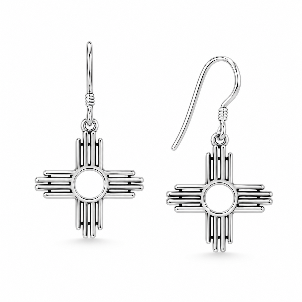 Zia Symbol French Wire Earrings 925 Sterling Silver 18.8mm Pueblo Design 34mm