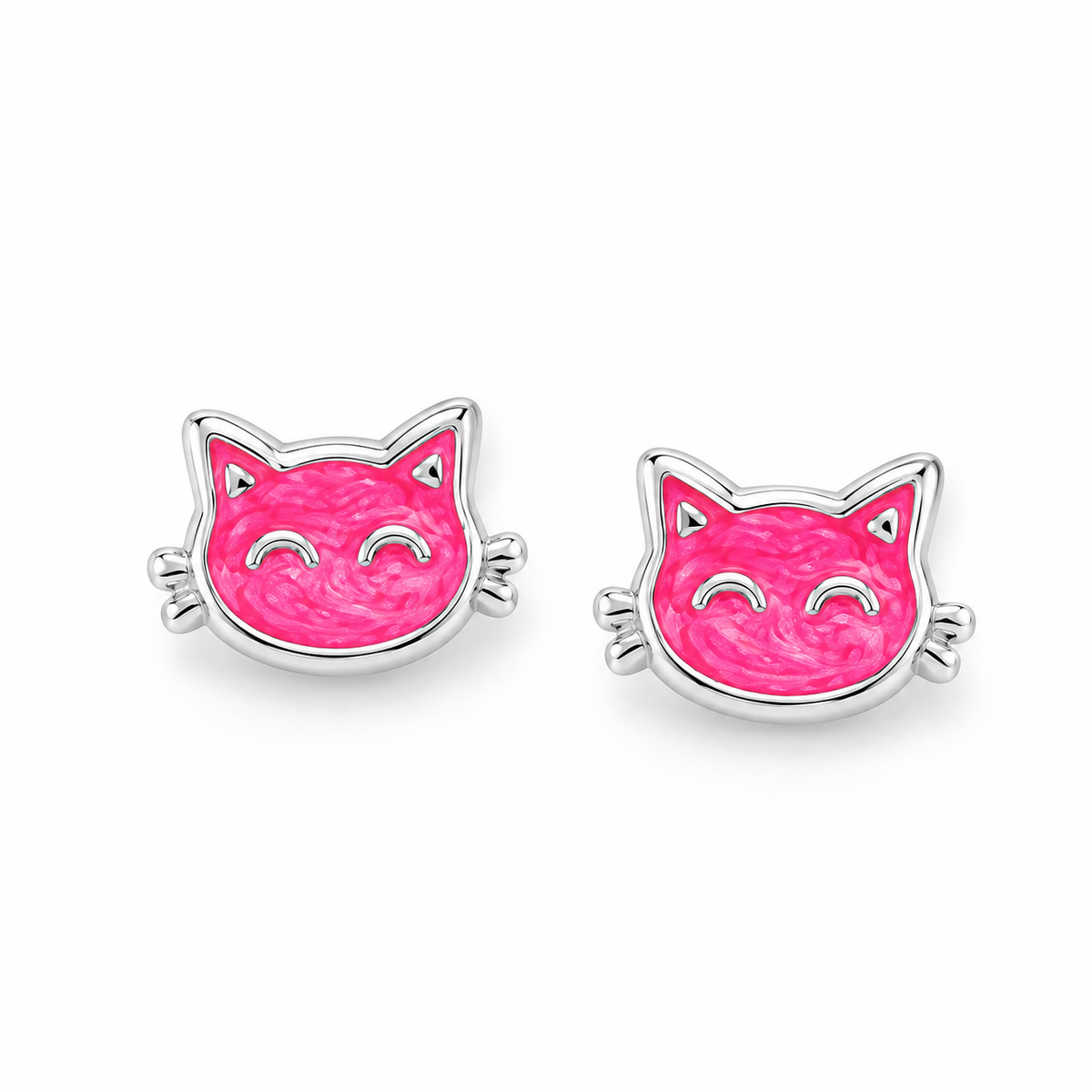 Pink Enamel Kitty Cat Face Stud Earrings 925 Sterling Silver 7mm