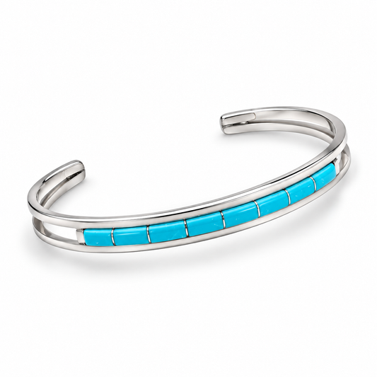 Kingman Turquoise Cuff Bracelet Navajo Running Bear 925 Silver 6x3mm 8 Stone