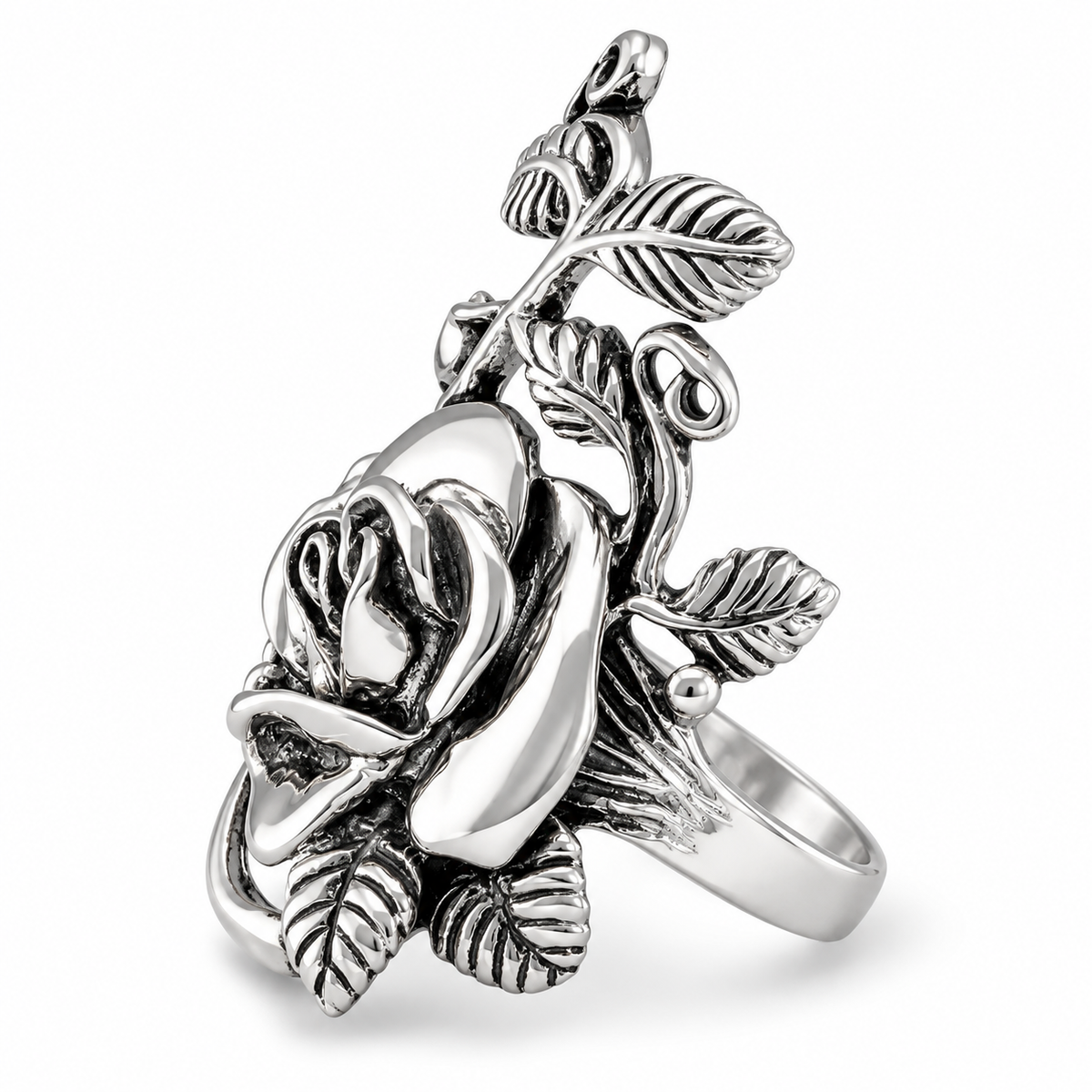 Oxidized Rose Ring 925 Sterling Silver Rose Stem Leaf Design 18.5x32mm