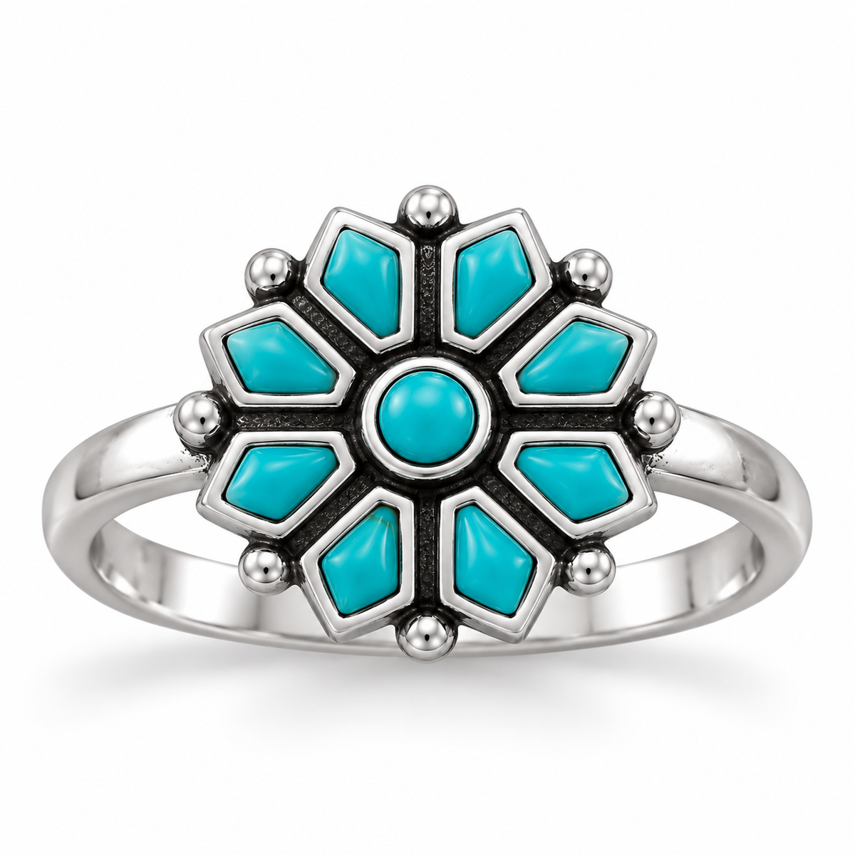 Flower Design Reconstituted Turquoise Ring 925 Sterling Silver 12mm Sizes 5-9