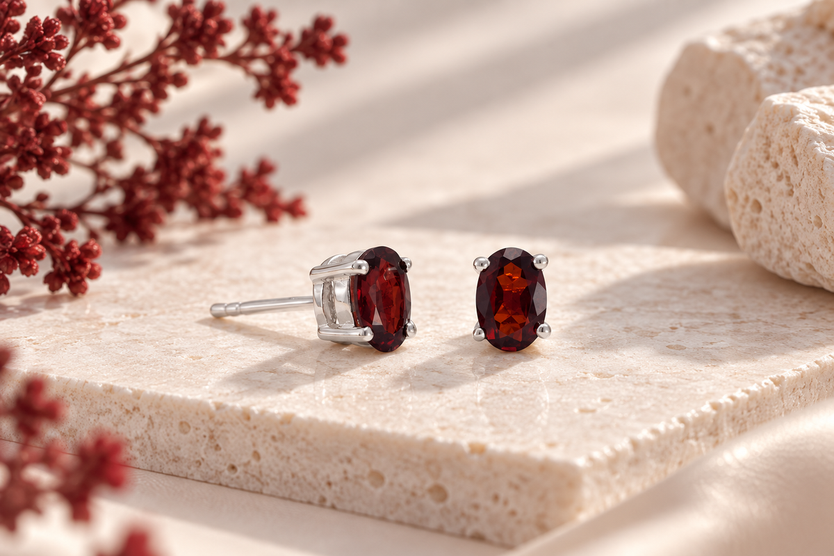 Oval Faceted Garnet Stud Earrings 925 Sterling Silver 4mm x 6mm