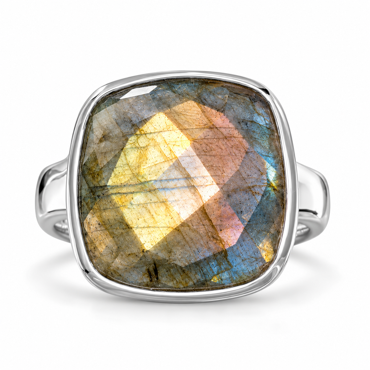 Checkerboard Cut Labradorite Ring 925 Sterling Silver 15mm Square