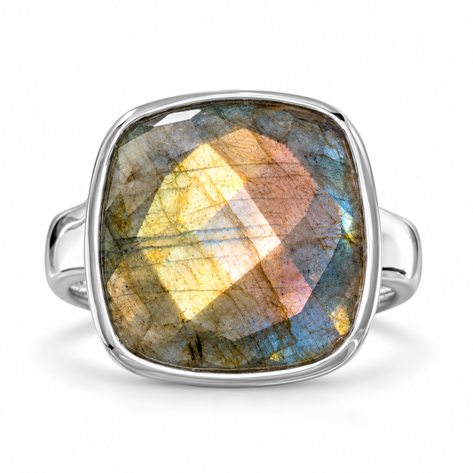 Checkerboard Cut Labradorite Ring 925 Sterling Silver 15mm Square