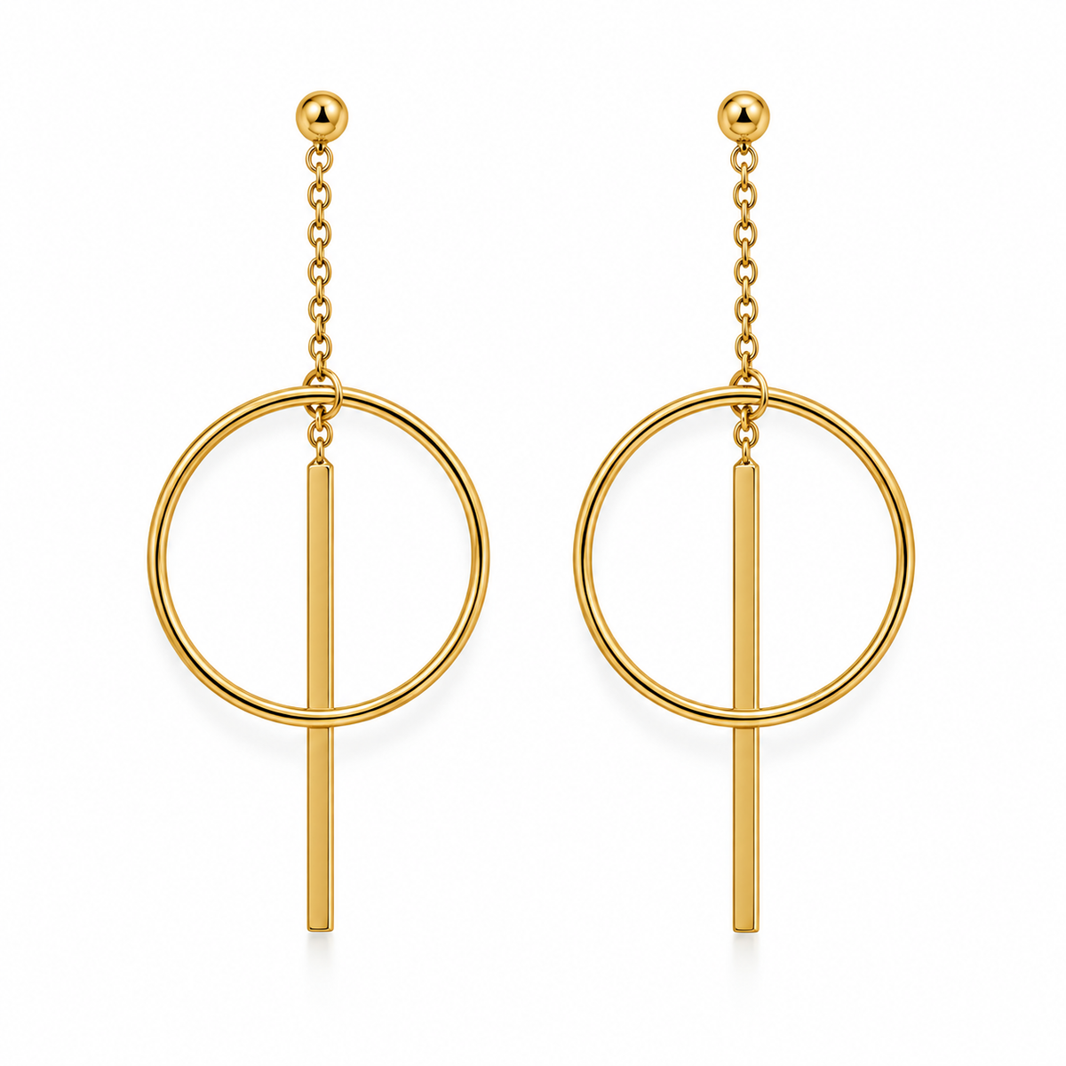 Chain Drop Bar Through Circle Earrings 14K Gold Plated 925 Sterling Silver 53.5mm