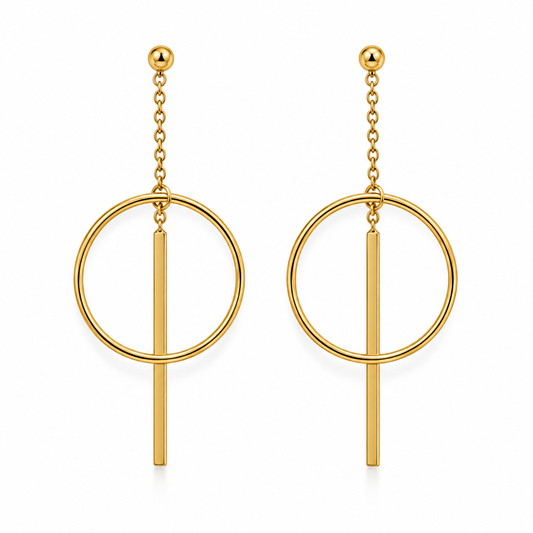 Chain Drop Bar Through Circle Earrings 14K Gold Plated 925 Sterling Silver 53.5mm