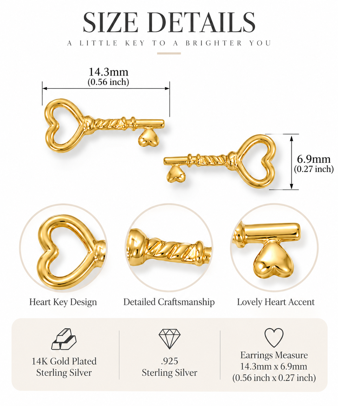 Heart Key Stud Earrings 14K Gold Plated 925 Sterling Silver 14.3mm