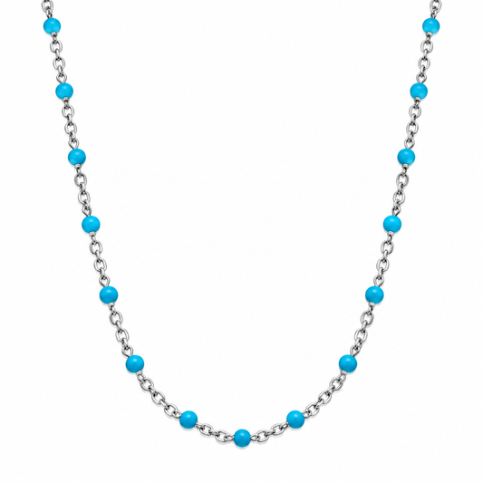 Blue Enamel Satellite Chain Necklace Rhodium 925 Silver 2mm Made in Italy