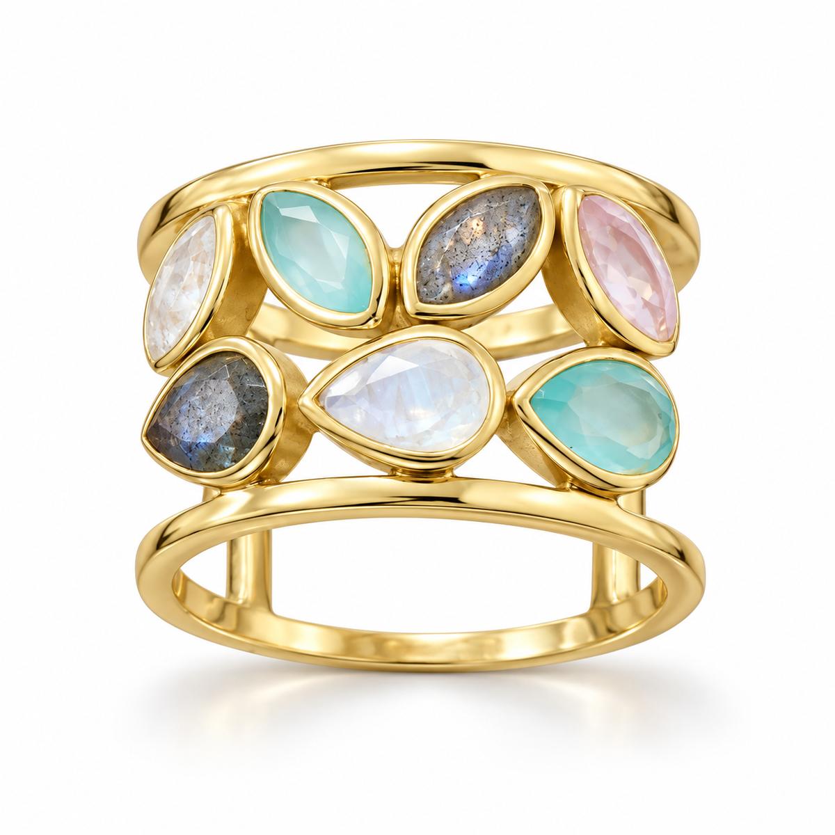 14K Gold Plated Multi Stone Ring 925 Silver Rose Quartz Moonstone Labradorite 14mm Sizes 6-10