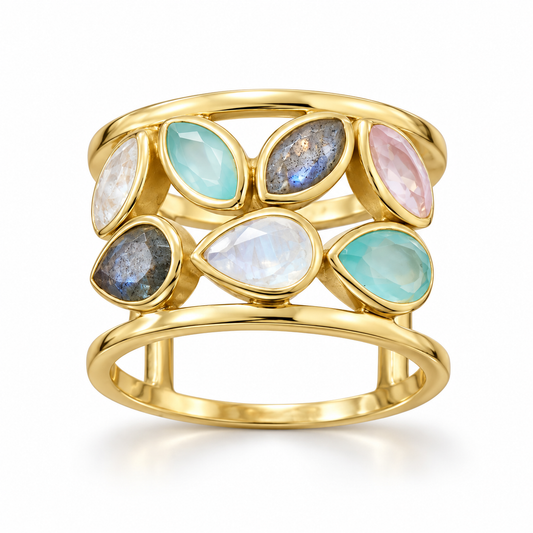 14K Gold Plated Multi Stone Ring 925 Silver Rose Quartz Moonstone Labradorite 14mm Sizes 6-10