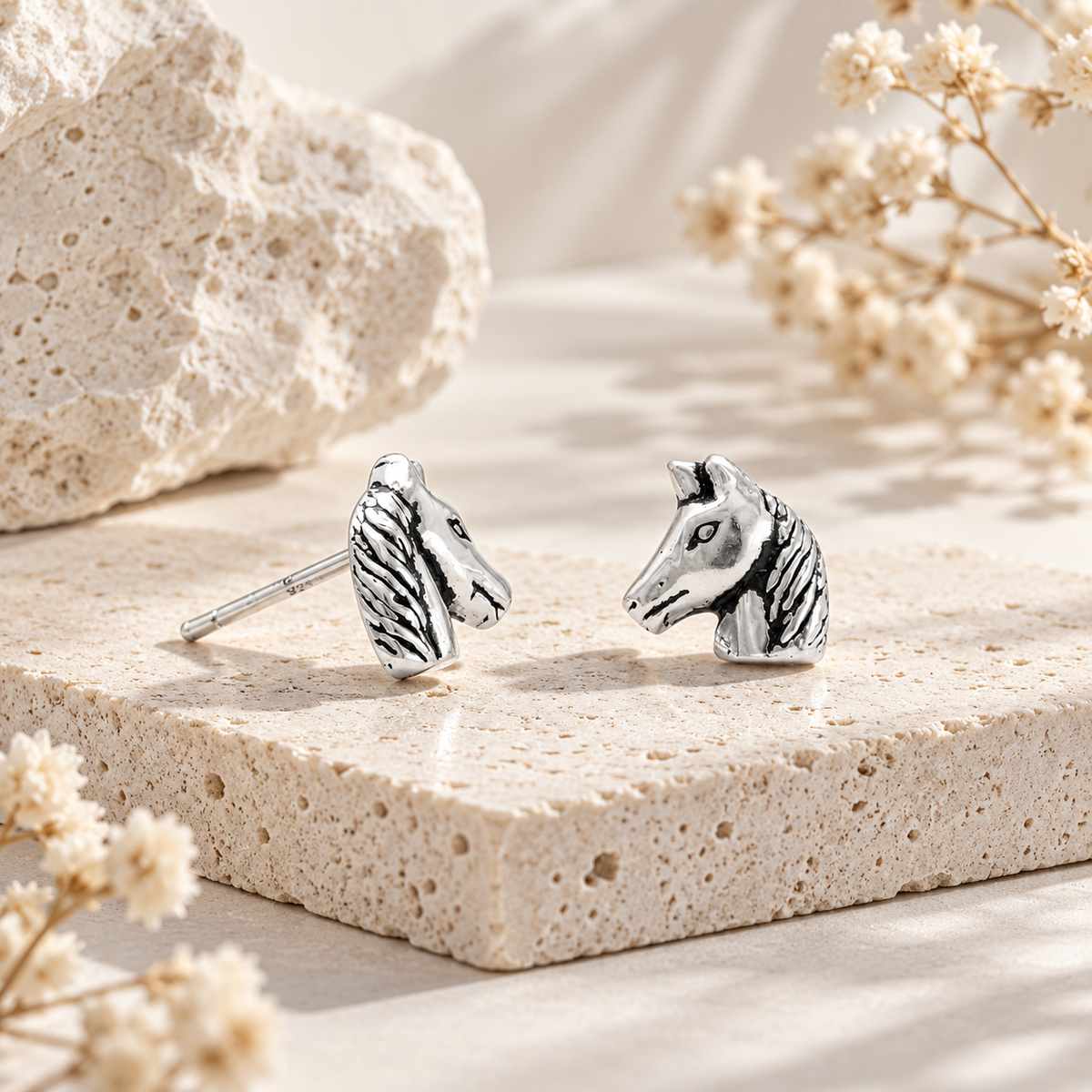 Horse Head Stud Earrings Oxidized 925 Sterling Silver 8mm
