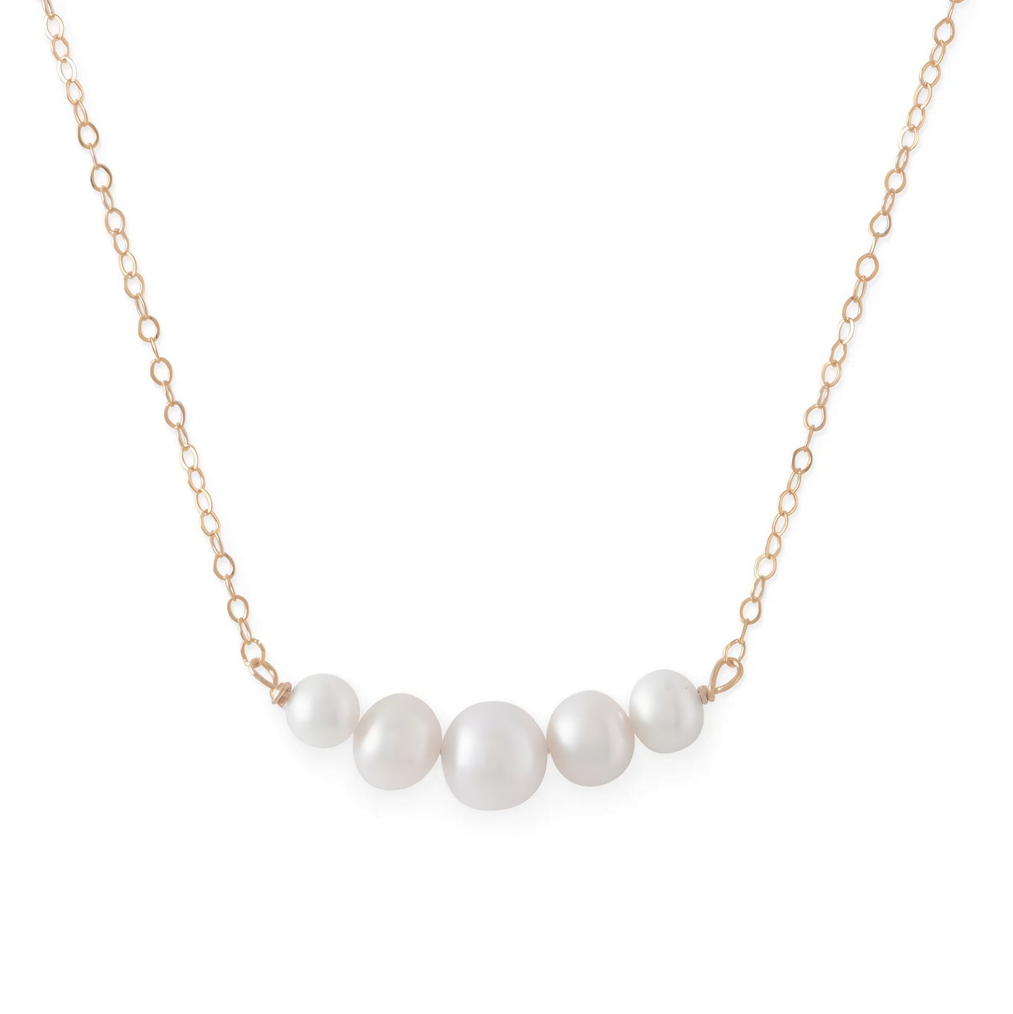 14 Karat Gold Pearl Bar Necklace, 16 Inch Cable Chain, 5 Cultured Freshwater Pearls, Spring Ring Closure, Yellow Gold