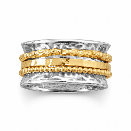 Meditation Spinner Ring Oxidized 925 Silver 11.2mm 3 Gold Spin Bands Sizes 6-10