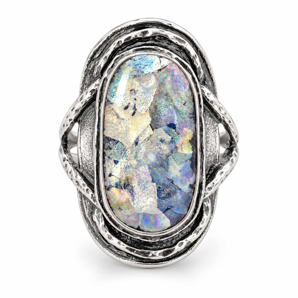 Oxidized Oval Roman Glass Ring 925 Silver 10.5x21mm 2.5mm w/ Certificate