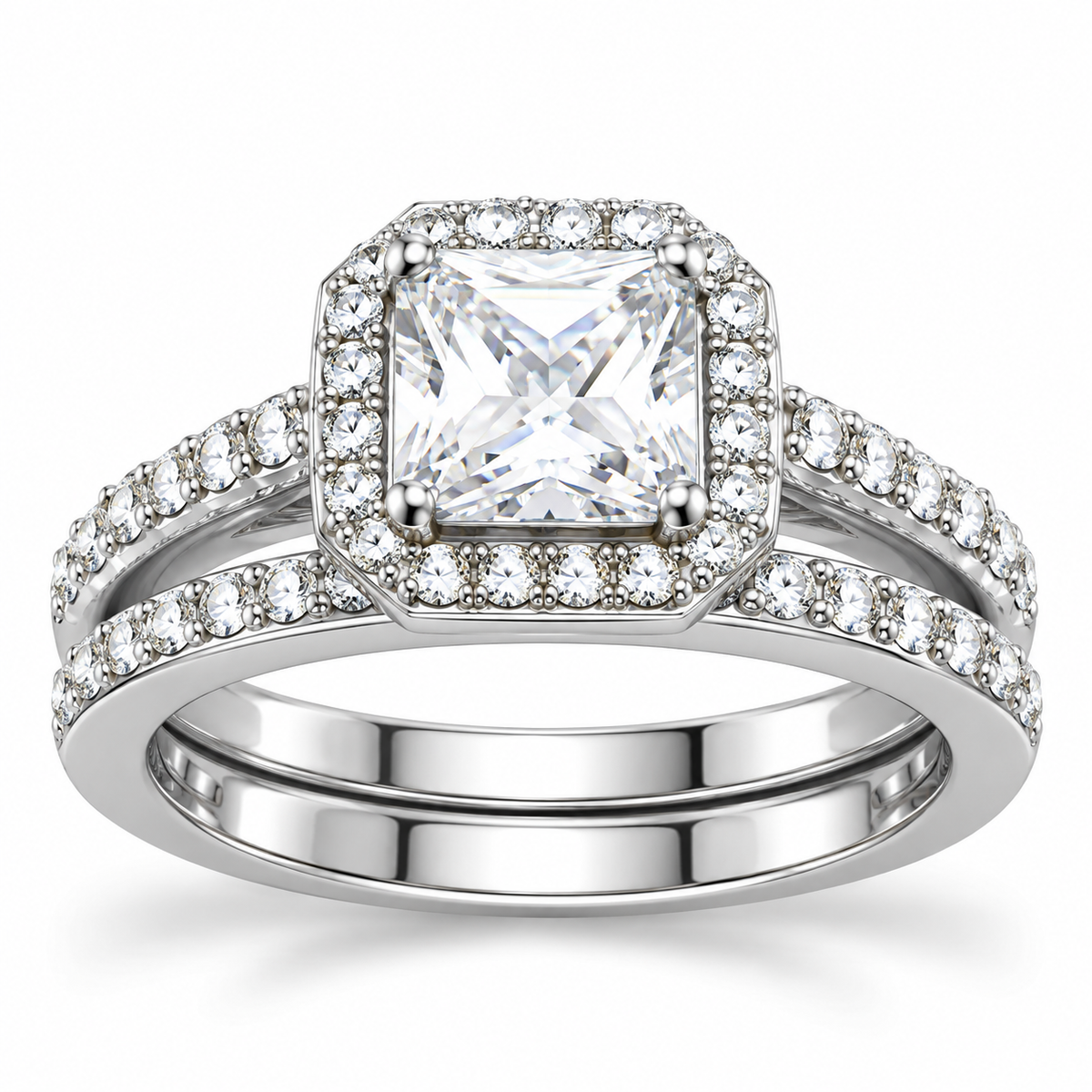 Rhodium Plated CZ Bridal Ring Set 925 Silver 7mm Square Solitaire Sizes 4-11