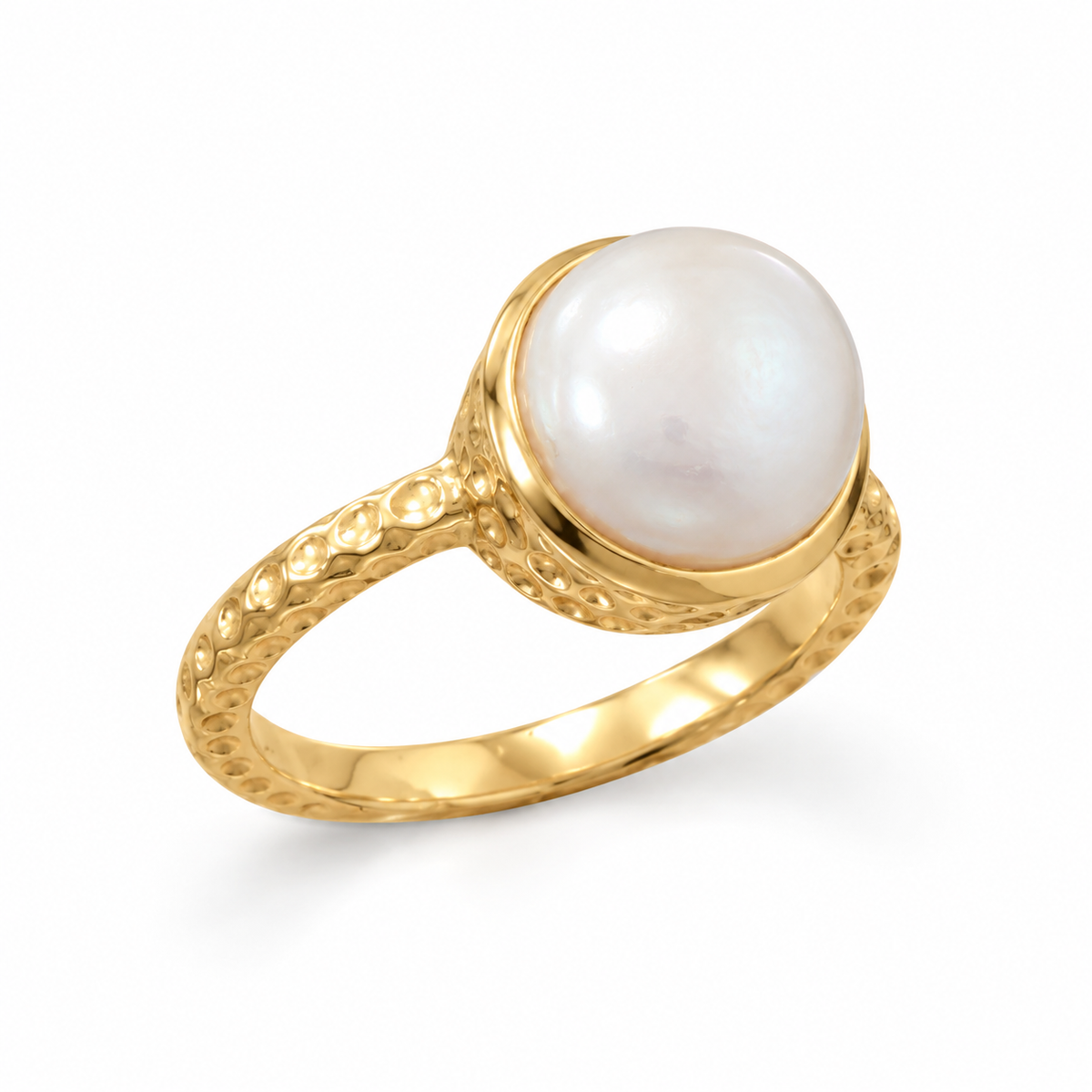 14K Gold Plated Textured Cultured Freshwater Pearl Ring 925 Silver 9.5-10mm 1.9mm Sizes 6-10