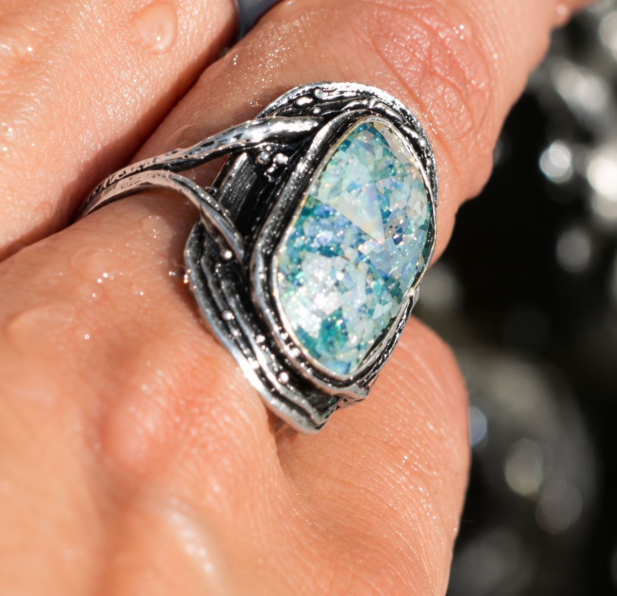 Oxidized Oval Roman Glass Ring 925 Silver 10.5x21mm 2.5mm w/ Certificate