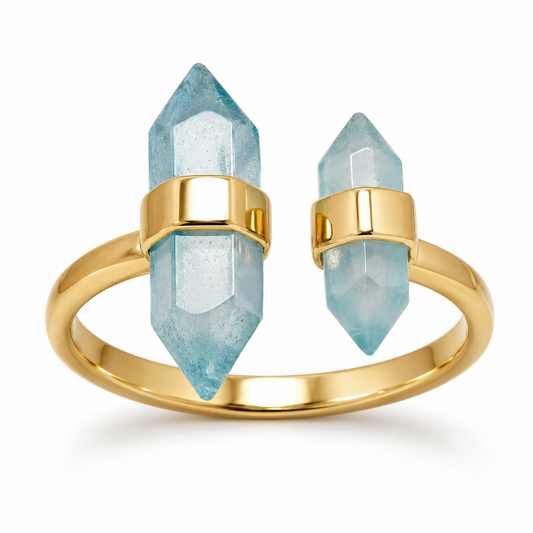 Double Spike Aqua Chalcedony Ring 925 14K Gold Pencil Cut Sizes 5-9