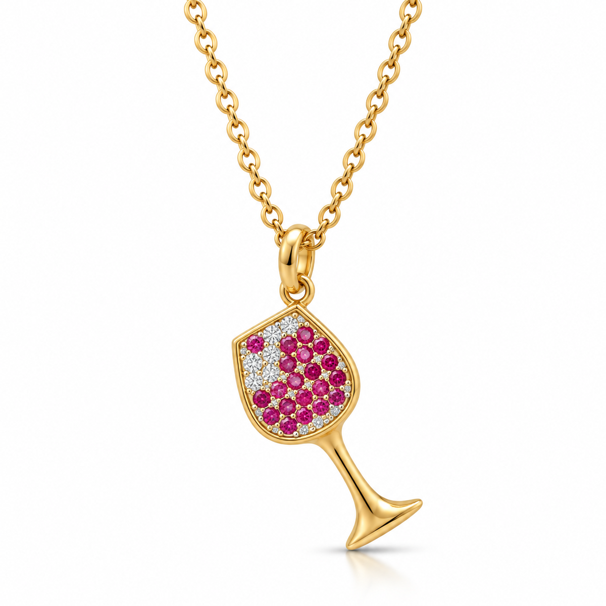 CZ Red Wine Glass Charm Slider Necklace 14K Gold Plated 925 Silver 7.6x15.8mm