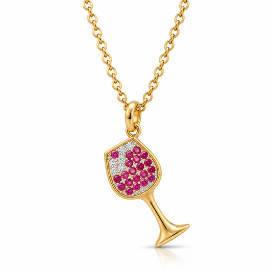 CZ Red Wine Glass Charm Slider Necklace 14K Gold Plated 925 Silver 7.6x15.8mm