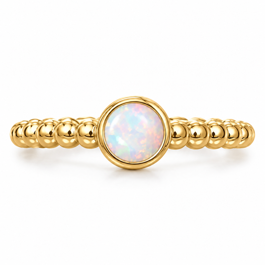 Synthetic White Opal Ring 14K Gold Plated 925 Silver 5mm Round 2mm Band Sizes 6-9