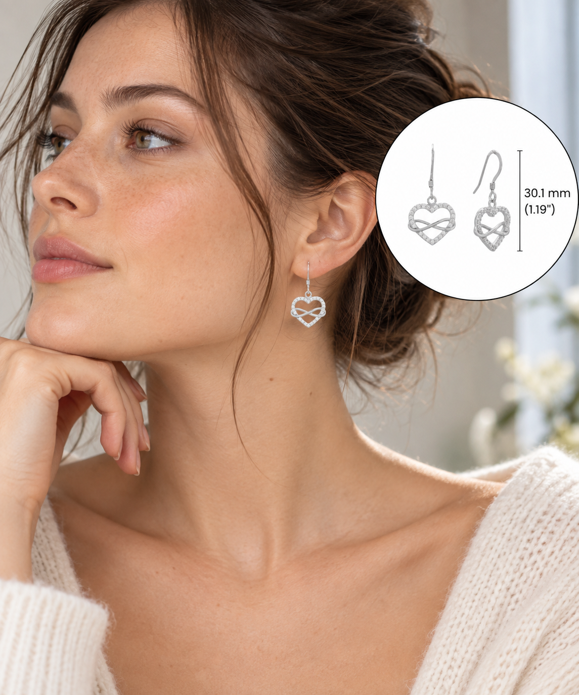 CZ Heart Infinity French Wire Earrings Rhodium Plated 925 Sterling Silver 30mm