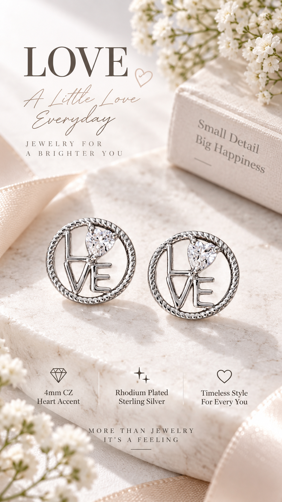 Round LOVE CZ Heart Stud Earrings Rhodium Plated 925 Sterling Silver 12.7mm