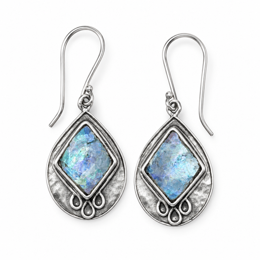 Roman Glass Diamond Textured Pear Drop Earrings 925 Sterling Silver 16x24mm w/ CoA