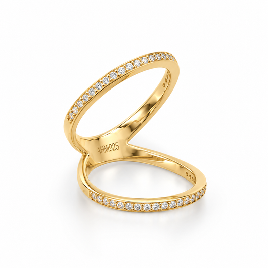 14K Gold Plated CZ Double Band Knuckle Ring 925 Silver 2mm 1mm CZ 4.6mm Sizes 5-10