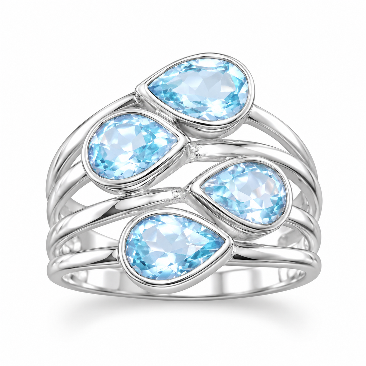 Four Pear Blue Topaz Multi Row Ring 925 Silver 5.5x8mm 17mm Tapered Band
